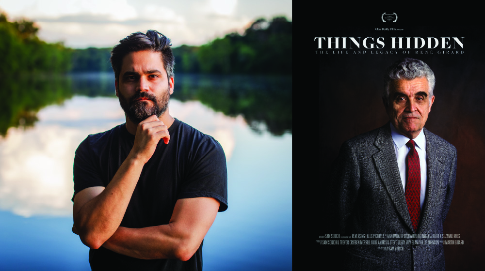 Split image of a bearded man by a lake and a “Things Hidden” film poster with an older man in a suit